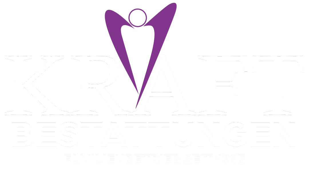 Logo von Kraft Bestattungen mit stilisierter Figur in Lila, Text: „Kraft Bestattungen – Familienbetrieb seit 1995“, Link zur Startseite.